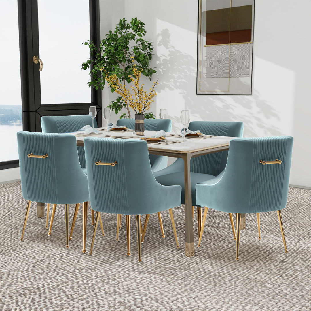 SEYNAR Modern Glam Boucle Pleated Velvet Dining Chair or Vanity Chair Set of 6 with Rear Handle Image 3