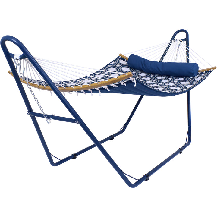 Sunnydaze 2-Person Quilted Fabric Hammock with Blue Steel Stand - Navy/Gray Image 1