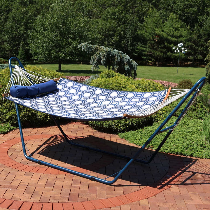 Sunnydaze 2-Person Quilted Fabric Hammock with Blue Steel Stand - Navy/Gray Image 2