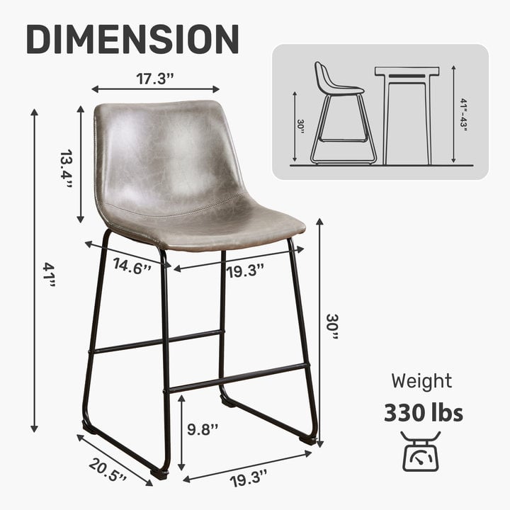 Modern Faux Leather Bar Stools Set of 2 26 Inch 30 Inch Counter Height Metal Frame Image 7