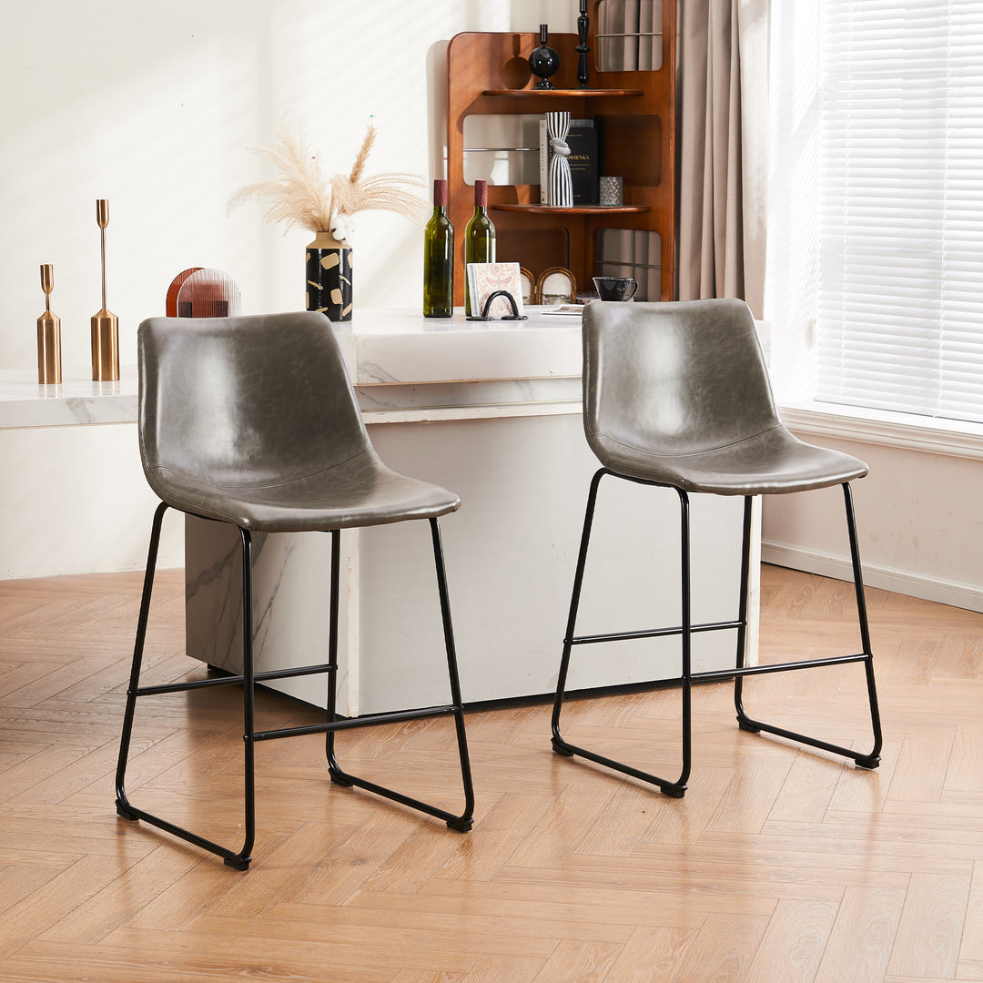 Modern Faux Leather Bar Stools Set of 2 26 Inch 30 Inch Counter Height Metal Frame Image 2