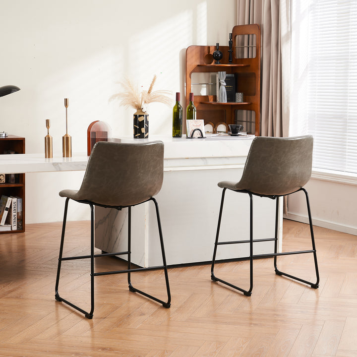 Modern Faux Leather Bar Stools Set of 2 26 Inch 30 Inch Counter Height Metal Frame Image 3