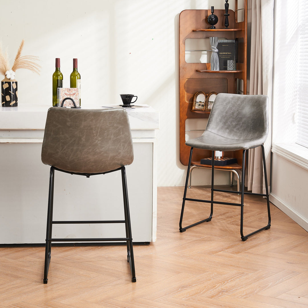 Modern Faux Leather Bar Stools Set of 2 26 Inch 30 Inch Counter Height Metal Frame Image 1