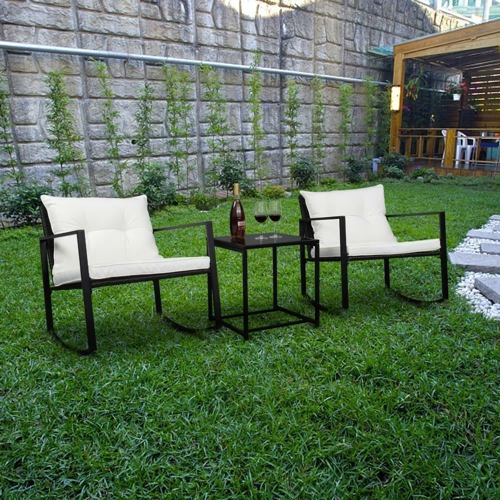 Outdoor Wicker Rocking Chair 3PCS Set Rattan Patio Furniture Table with Cushions Image 6