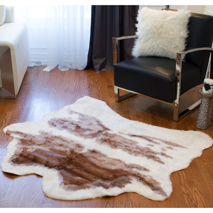 Luxe Faux Cowhide Rug 4x5 Brown White Classic 1-Piece Chic Accent Image 3