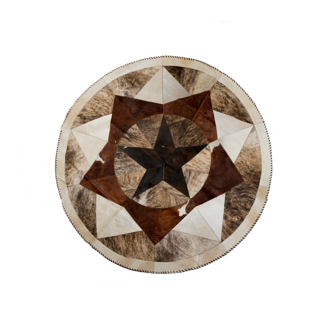 Natural Tri-Color Cowhide Rug 5 Round Stitched Circular Rug Image 1