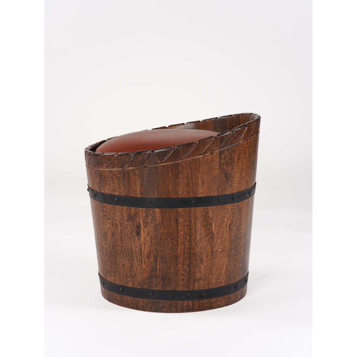 Handmade Eco-Friendly Geometric Buffalo Leather and Wood Round Ottomon 18"x18"x18" From BBH Homes Image 3