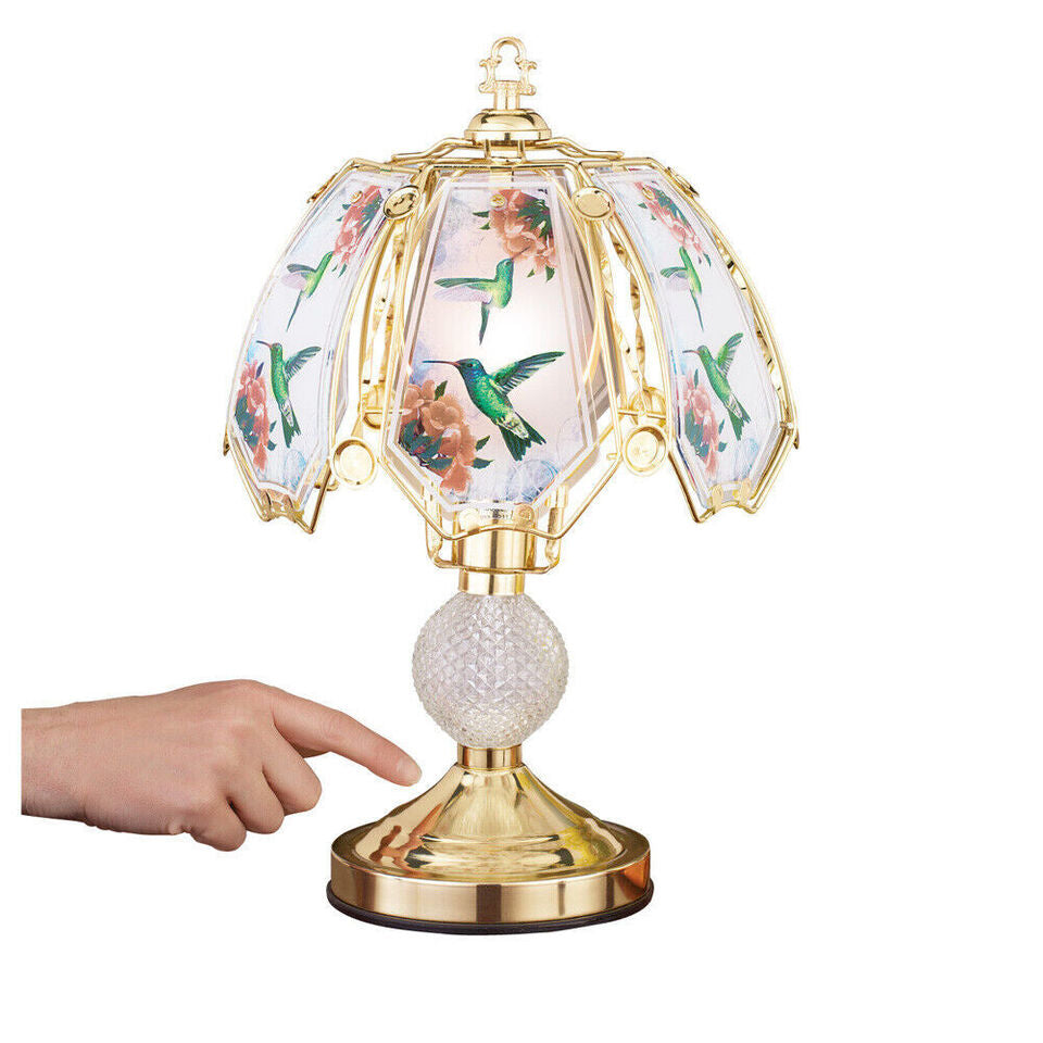 Hummingbirds in The Garden Floral Touch Lamp Home Tabletop Decor Colored Glass Panels Gold-Toned Touch-Sensitive Base 3 Image 1