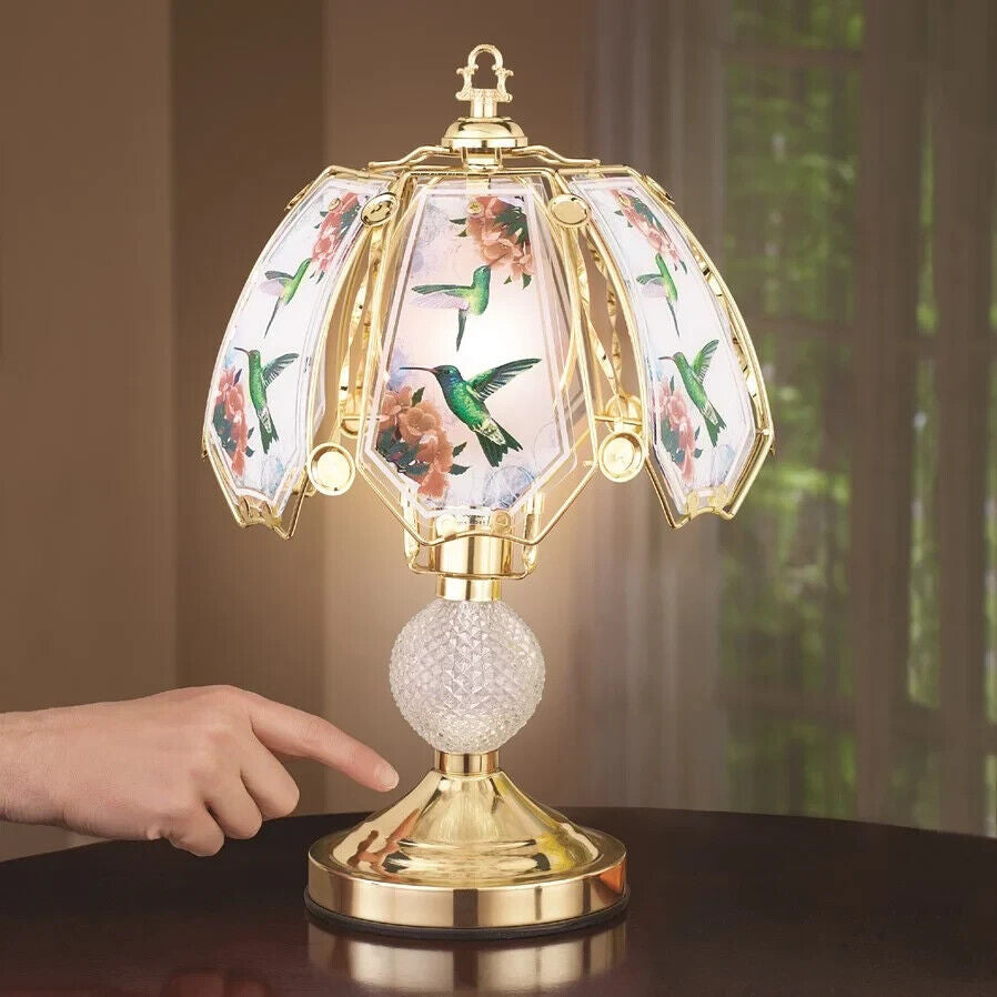 Hummingbirds in The Garden Floral Touch Lamp Home Tabletop Decor Colored Glass Panels Gold-Toned Touch-Sensitive Base 3 Image 2