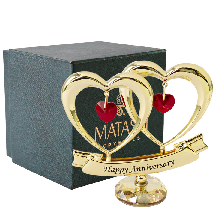 24K Gold Plated Beautiful "Happy Anniversary" Double Heart Table Top Made with Genuine Red Matashi Crystals and Crystal Image 1