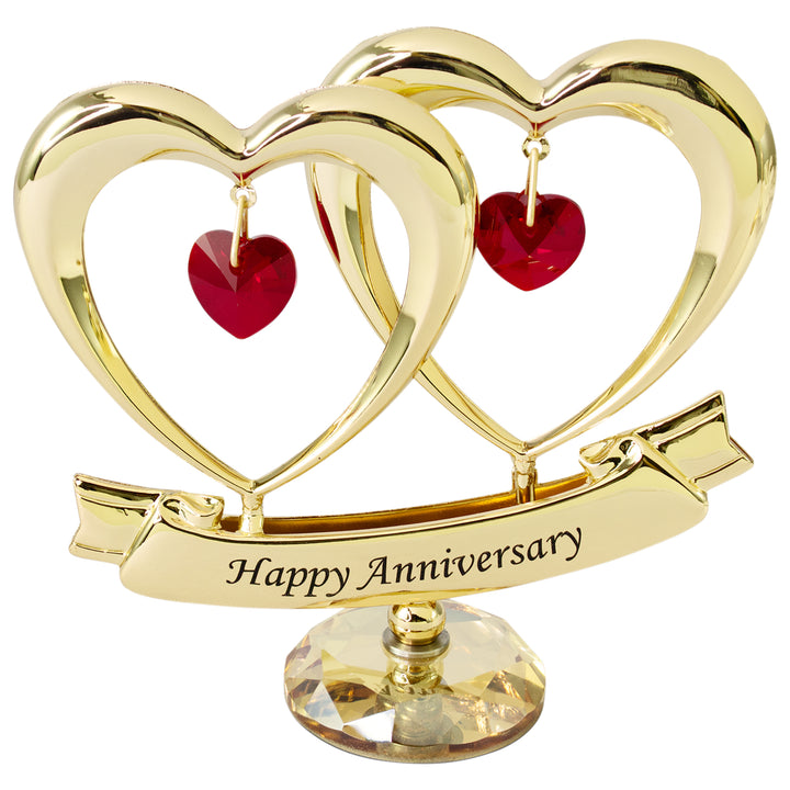 24K Gold Plated Beautiful "Happy Anniversary" Double Heart Table Top Made with Genuine Red Matashi Crystals and Crystal Image 2