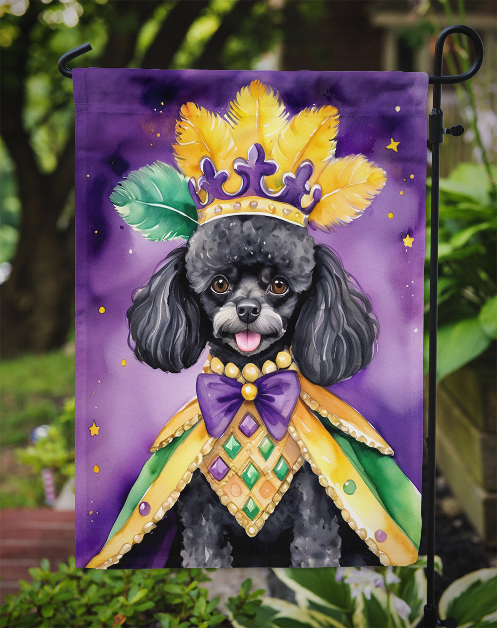 Black Poodle King of Mardi Gras Garden Flag Image 3