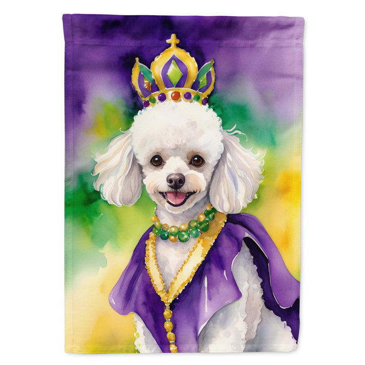 White Poodle King of Mardi Gras Garden Flag Image 1