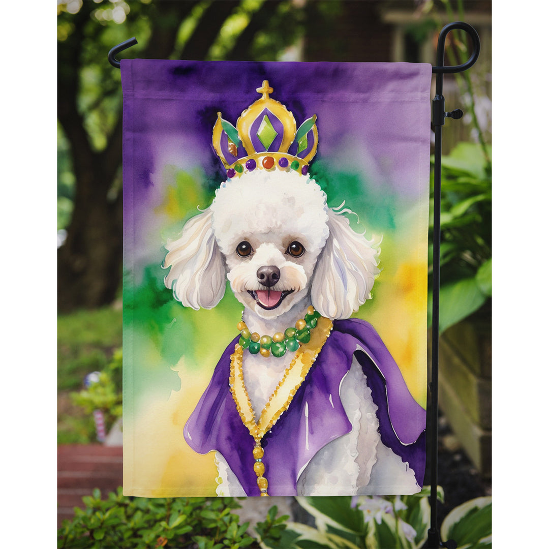 White Poodle King of Mardi Gras Garden Flag Image 3