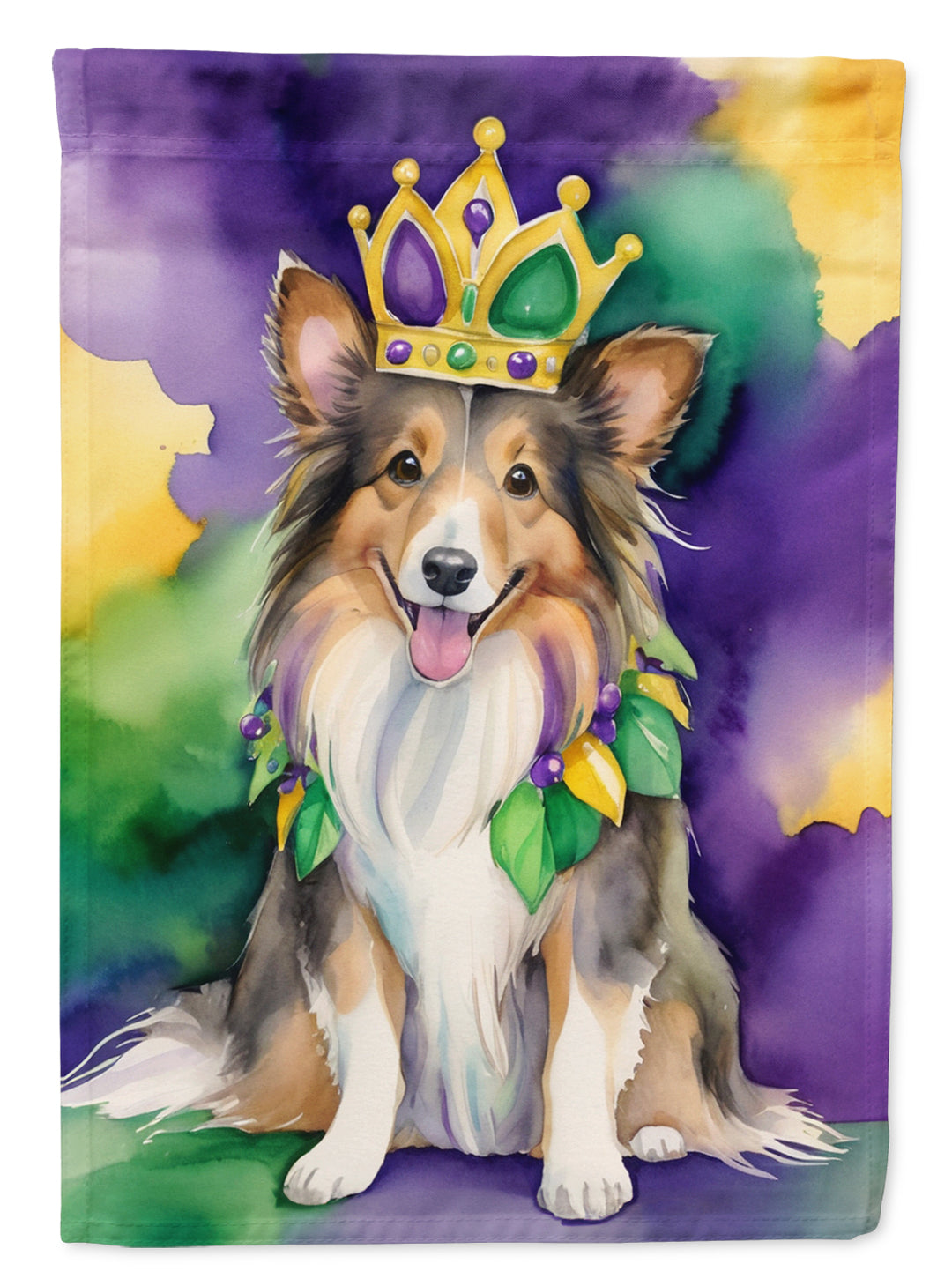 Sheltie King of Mardi Gras Garden Flag Image 1