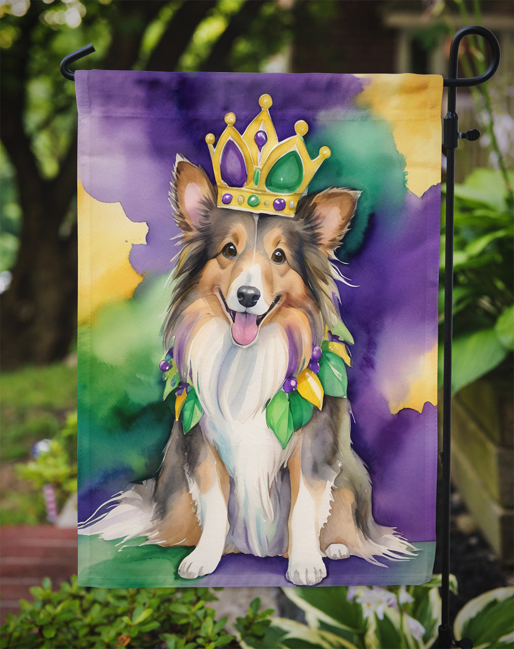 Sheltie King of Mardi Gras Garden Flag Image 3