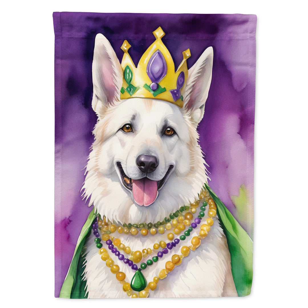 White German Shepherd King of Mardi Gras House Flag Image 1