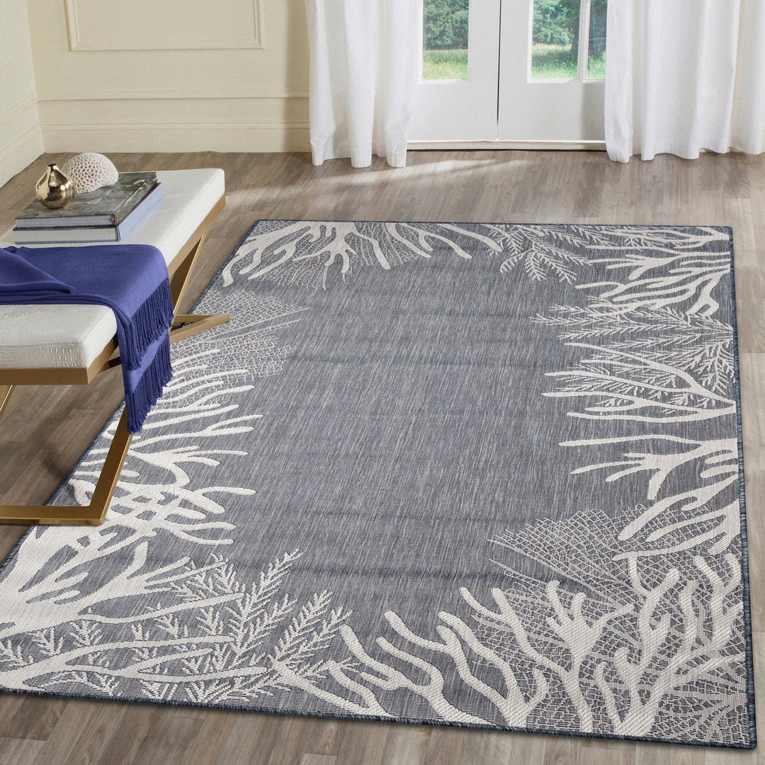 Liora Manne Indoor Outdoor Area Rug 5x7 Navy Coral Reef Border Flatweave Image 1