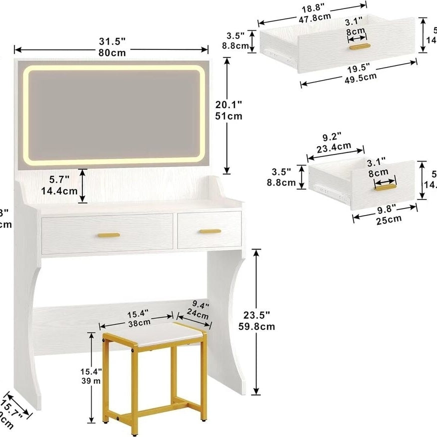 Fulhope Vanity Makeup Desk Table with 2 Drawers Mirror Lights Chair Outlets Bedroom Image 6