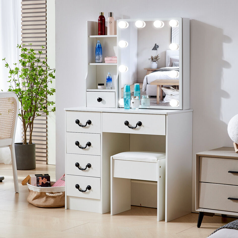 Yamissi Vanity Set Makeup Dressing Table Desk w/ Lighted Mirror 6 Drawers Stool Bedroom Image 2