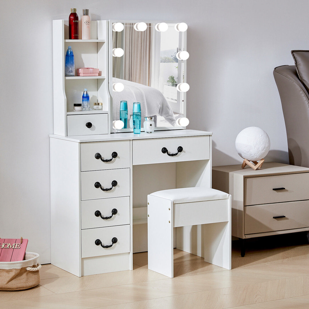 Yamissi Vanity Set Makeup Dressing Table Desk w/ Lighted Mirror 6 Drawers Stool Bedroom Image 3