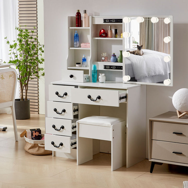 Yamissi Vanity Set Makeup Dressing Table Desk w/ Lighted Mirror 6 Drawers Stool Bedroom Image 5