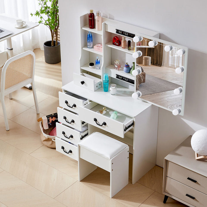 Yamissi Vanity Set Makeup Dressing Table Desk w/ Lighted Mirror 6 Drawers Stool Bedroom Image 6