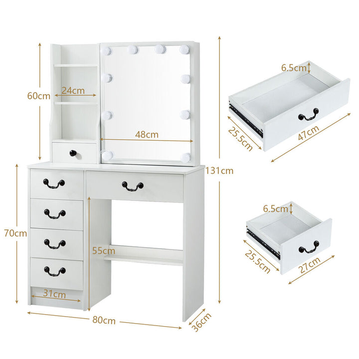 Yamissi Vanity Set Makeup Dressing Table Desk w/ Lighted Mirror 6 Drawers Stool Bedroom Image 7