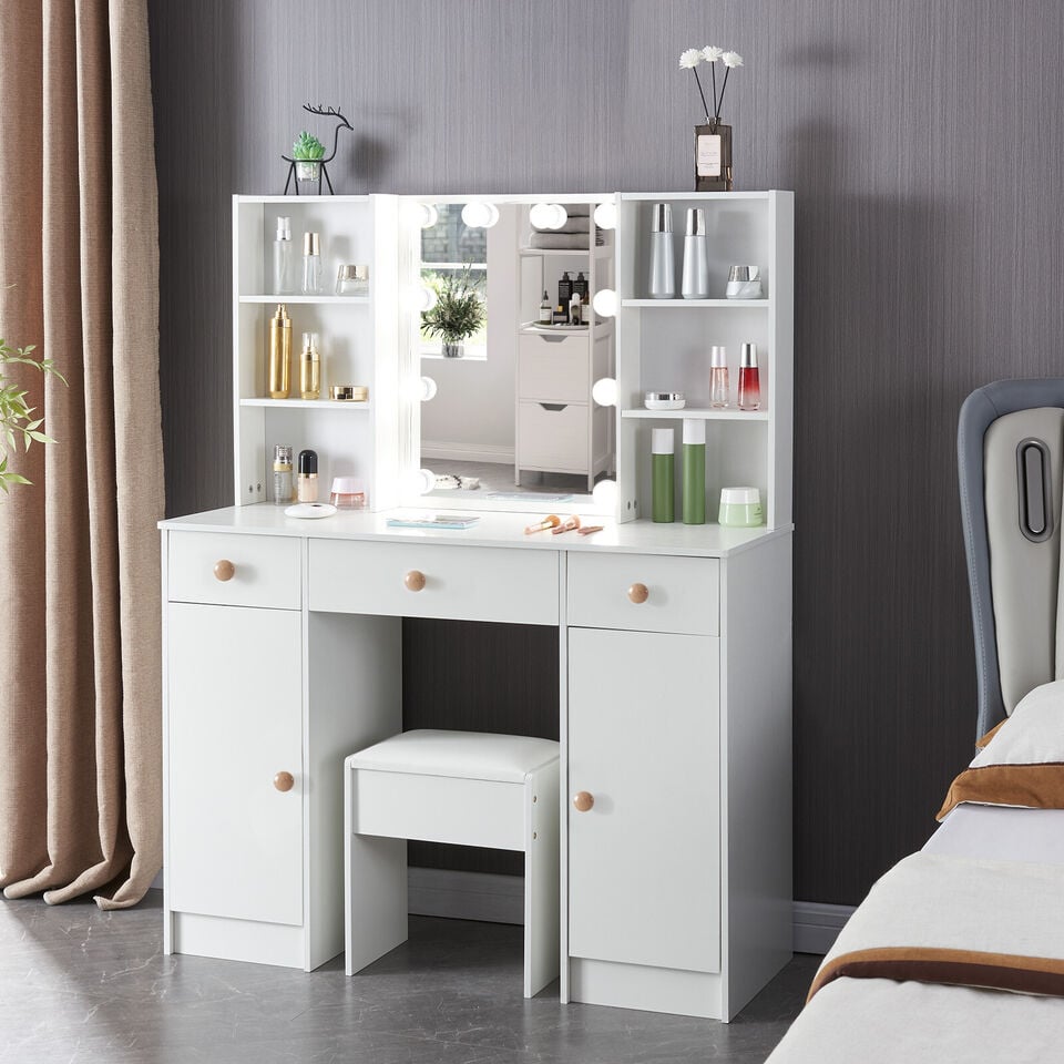 Yamissi Vanity Desk With LED Lighted Mirror 3 Drawers and Stool Set Makeup Dressing Table Image 2