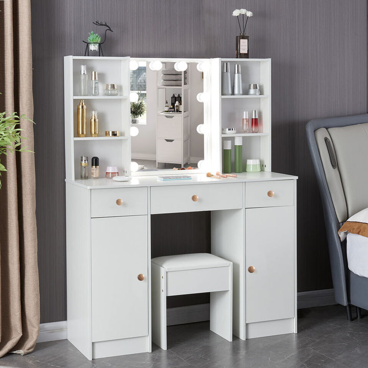 Yamissi Vanity Desk With LED Lighted Mirror 3 Drawers and Stool Set Makeup Dressing Table Image 3