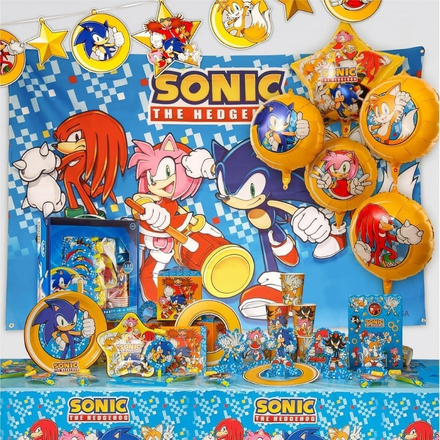 Sonice The Hedgehog Party in a Box Kit 137pcs Plates Balloons Decorations Stickers Poster Blowouts Mighty Mojo Image 1