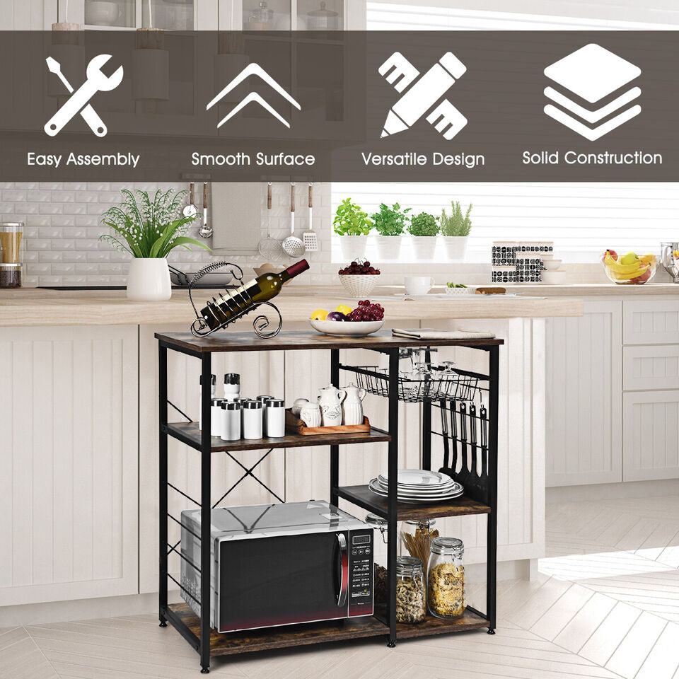 Industrial Kitchen Bakers Rack Microwave Stand Utility Home Shelf w/ 6 Hooks Image 3