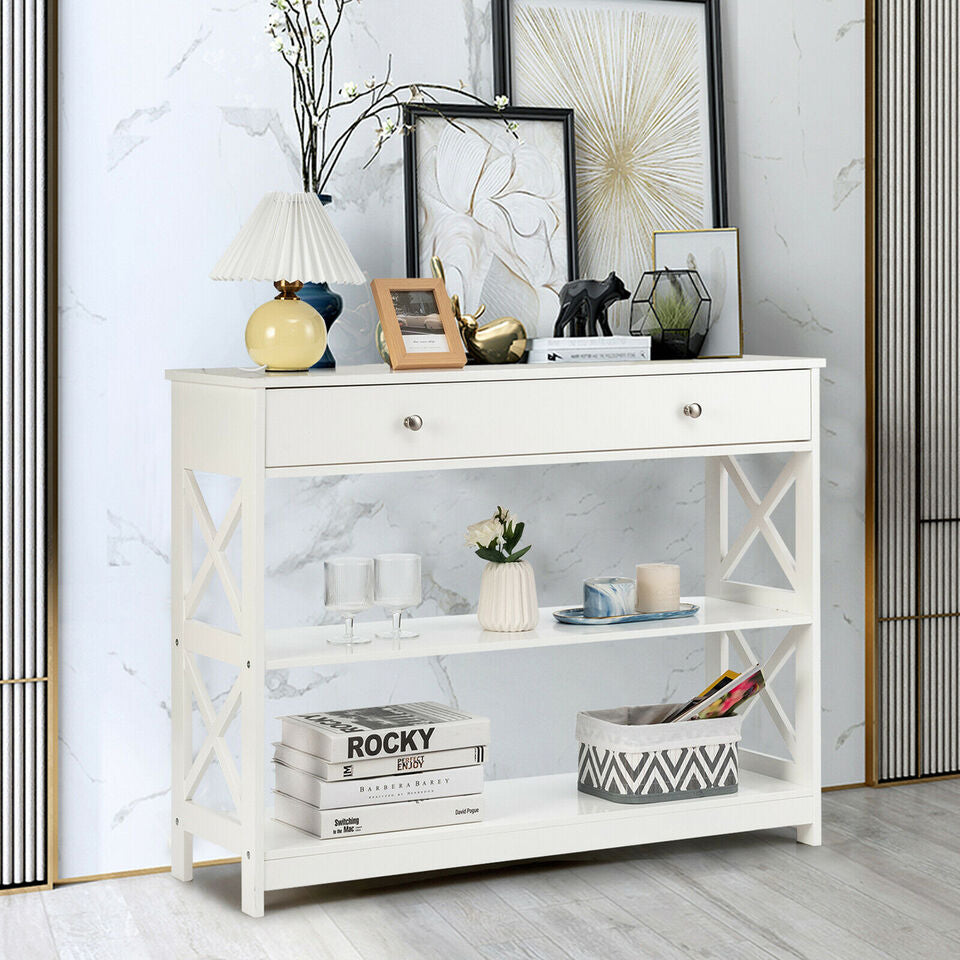 Costway Console Table Drawer Shelves Sofa Accent Table Entryway Hallway White Image 6