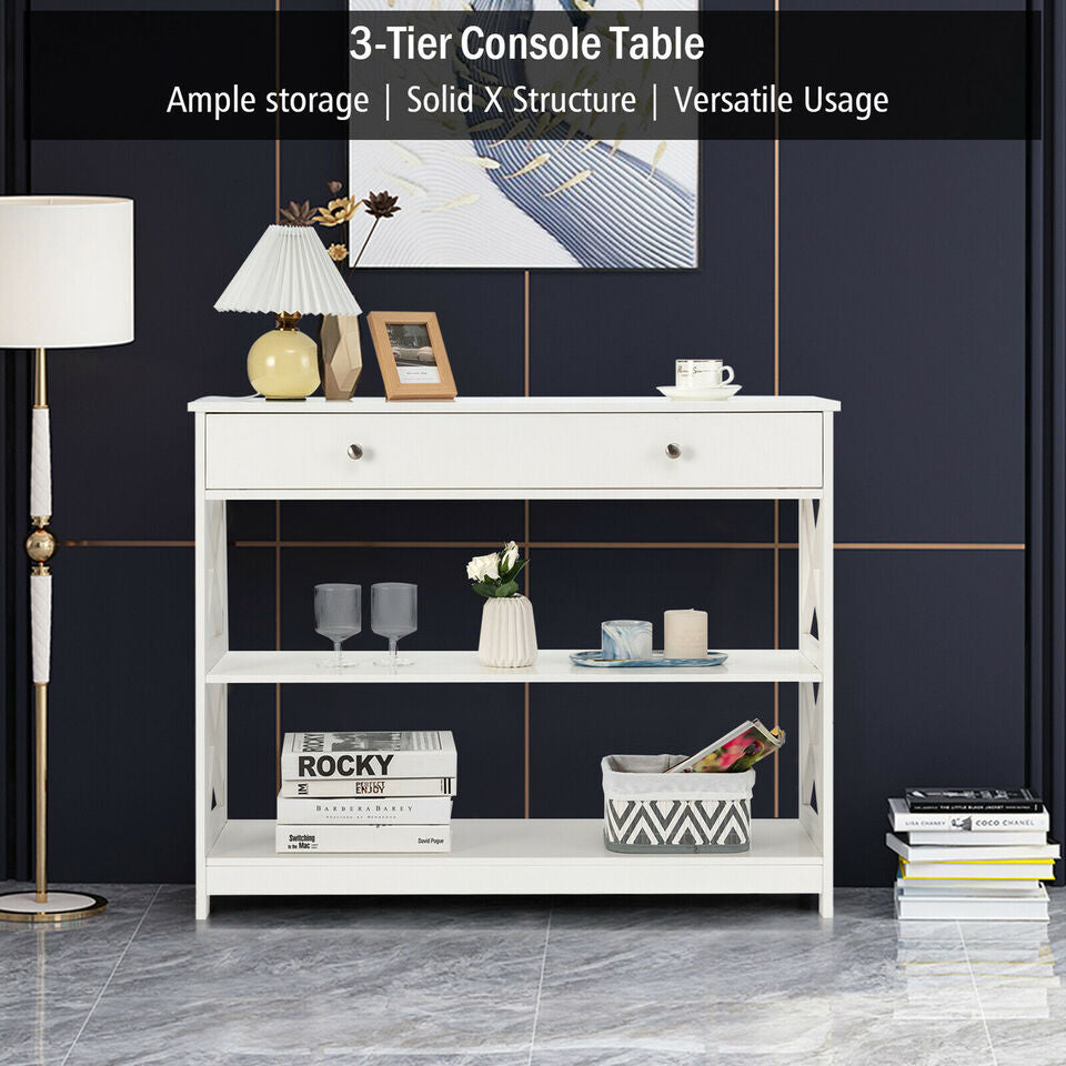 Costway Console Table Drawer Shelves Sofa Accent Table Entryway Hallway White Image 7