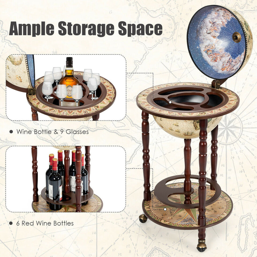 17" Wood Globe Wine Bar Stand 16th Century Italian Rack Liquor Bottle Shelf Cart Image 1