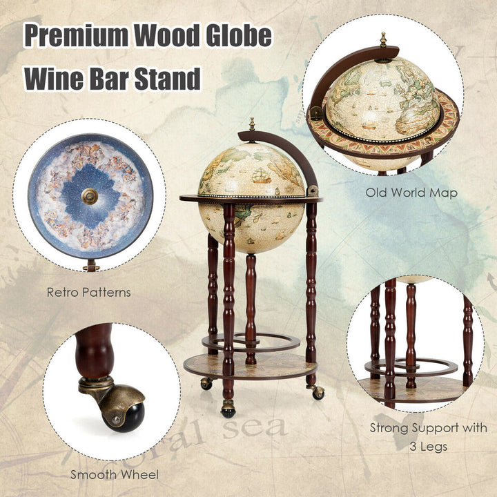 17" Wood Globe Wine Bar Stand 16th Century Italian Rack Liquor Bottle Shelf Cart Image 2