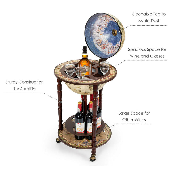 17" Wood Globe Wine Bar Stand 16th Century Italian Rack Liquor Bottle Shelf Cart Image 3