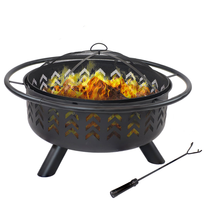 Sunnydaze 36 in Steel Arrow Motif Fire Pit with Spark Screen - Black Image 1