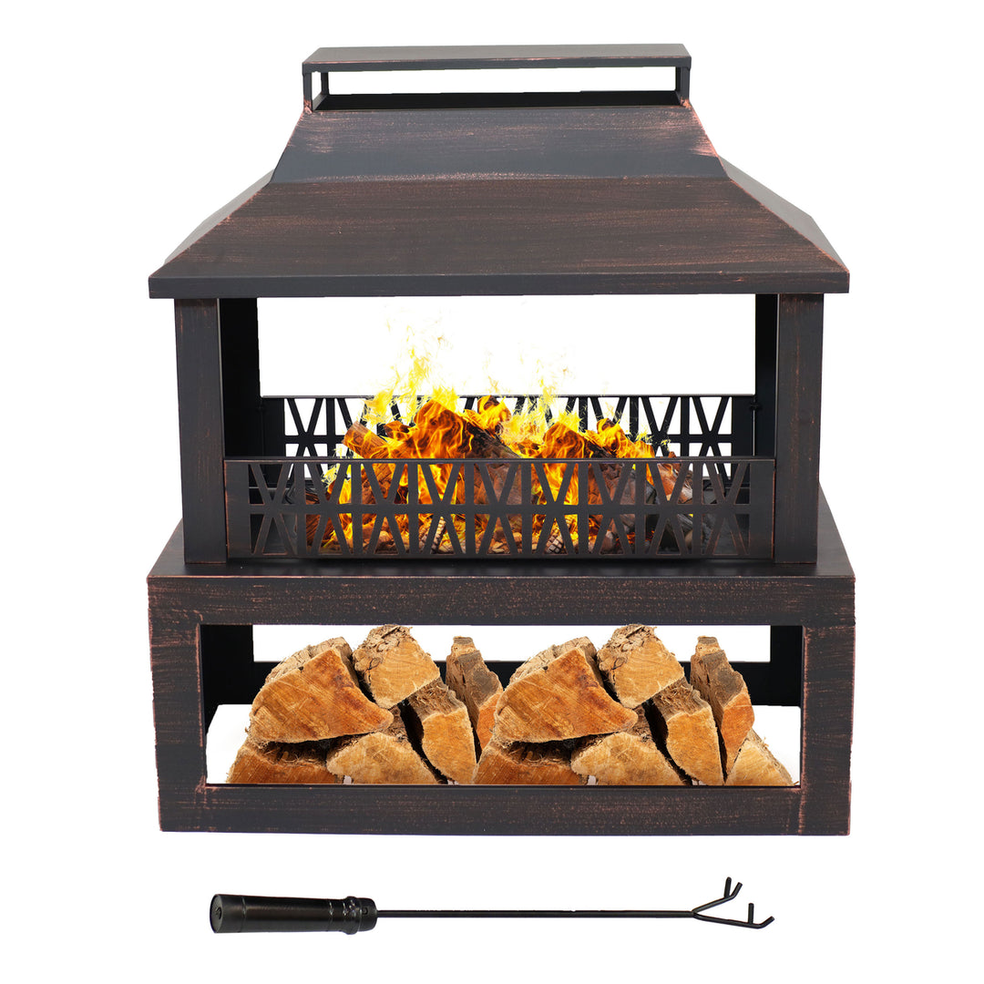 Sunnydaze 32 in Steel Outdoor Fireplace with Log Storage - Brushed Bronze Image 1