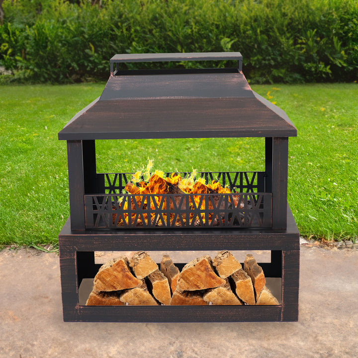 Sunnydaze 32 in Steel Outdoor Fireplace with Log Storage - Brushed Bronze Image 2