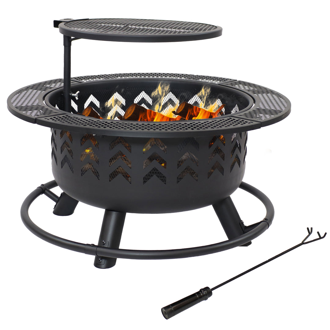 Sunnydaze 32.75 in Arrow Motif Steel Fire Pit with Cooking Grate - Black Image 1