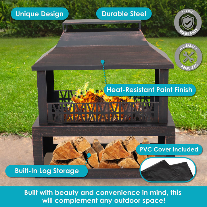 Sunnydaze 32 in Steel Outdoor Fireplace with Log Storage - Brushed Bronze Image 4