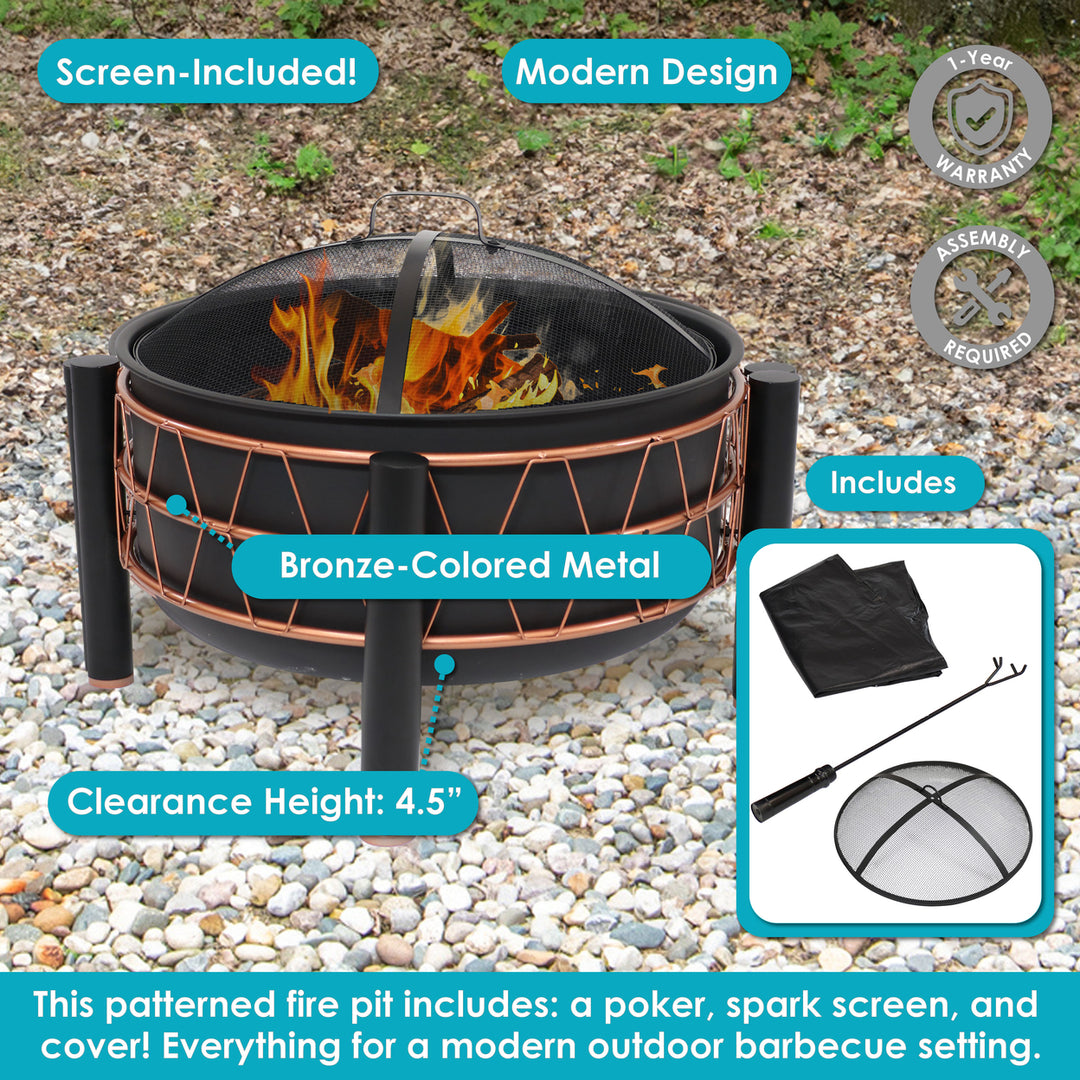 Sunnydaze 24.5-Inch Wood-Burning Fire Pit with Trapezoid Pattern - Black Image 2