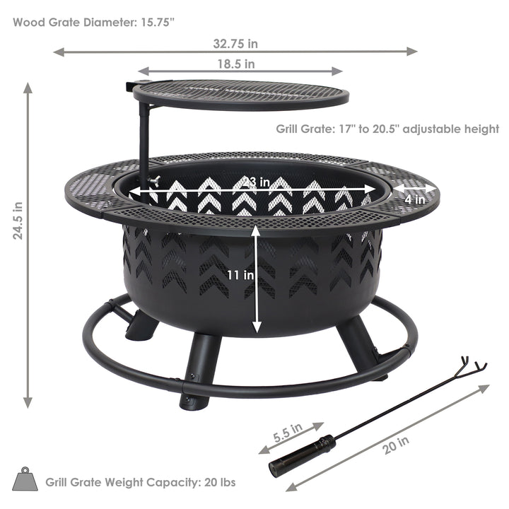 Sunnydaze 32.75 in Arrow Motif Steel Fire Pit with Cooking Grate - Black Image 3