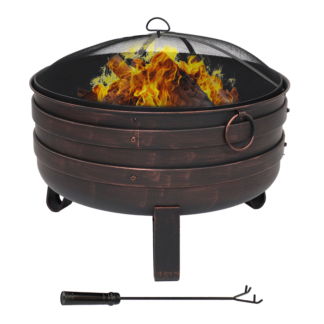 Sunnydaze 24 in Cauldron Fire Pit with Spark Screen and Cover - Bronze Image 1