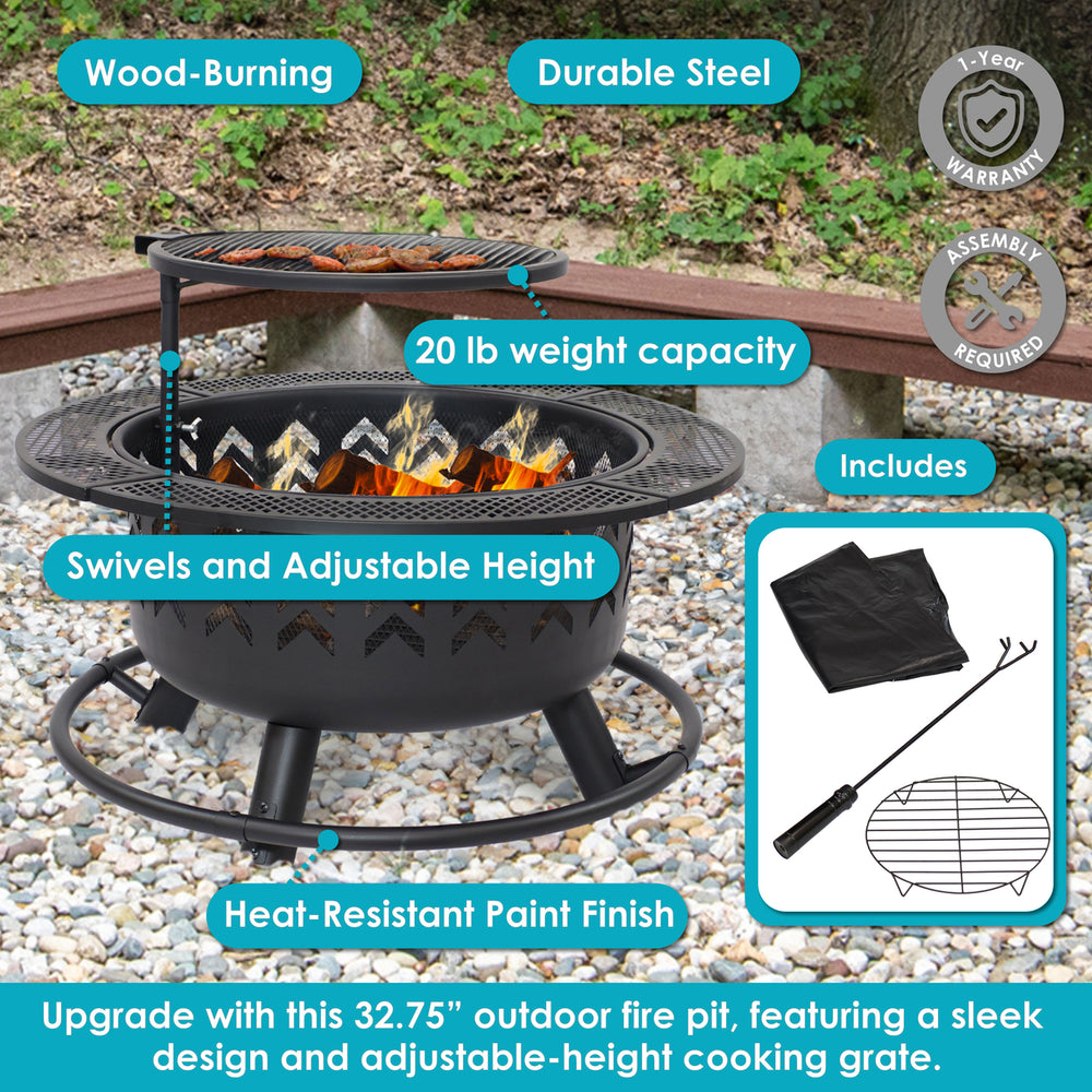 Sunnydaze 32.75 in Arrow Motif Steel Fire Pit with Cooking Grate - Black Image 2