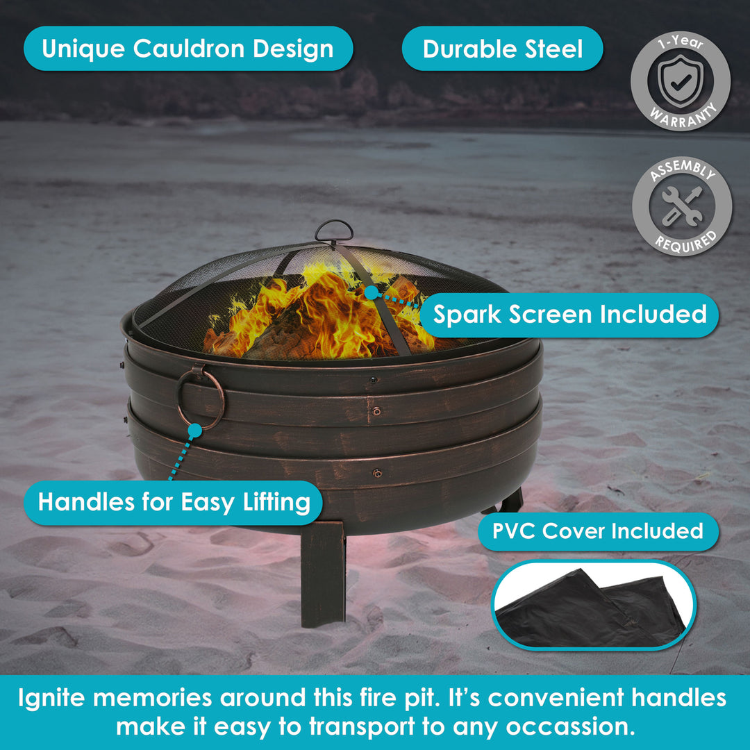 Sunnydaze 24 in Cauldron Fire Pit with Spark Screen and Cover - Bronze Image 2