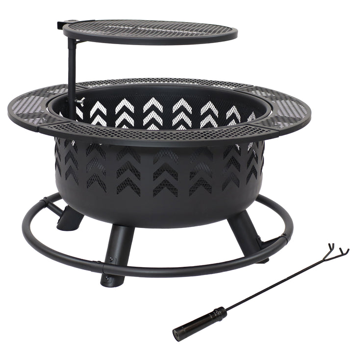 Sunnydaze 32.75 in Arrow Motif Steel Fire Pit with Cooking Grate - Black Image 7