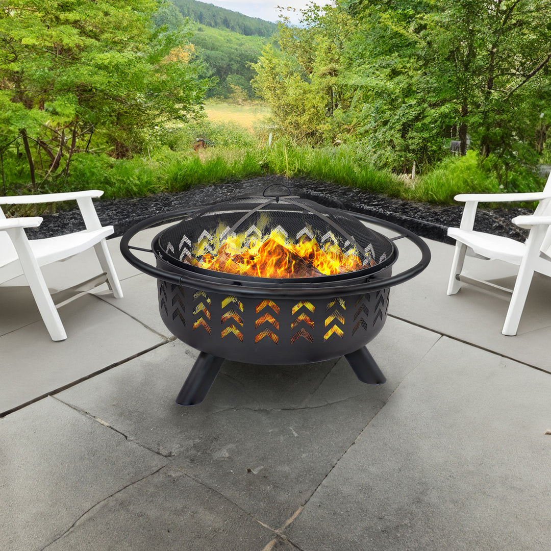 Sunnydaze 36 in Steel Arrow Motif Fire Pit with Spark Screen - Black Image 4