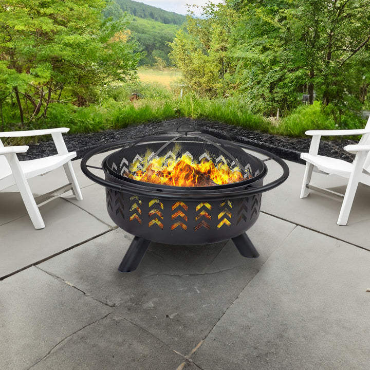 Sunnydaze 36 in Steel Arrow Motif Fire Pit with Spark Screen - Black Image 4